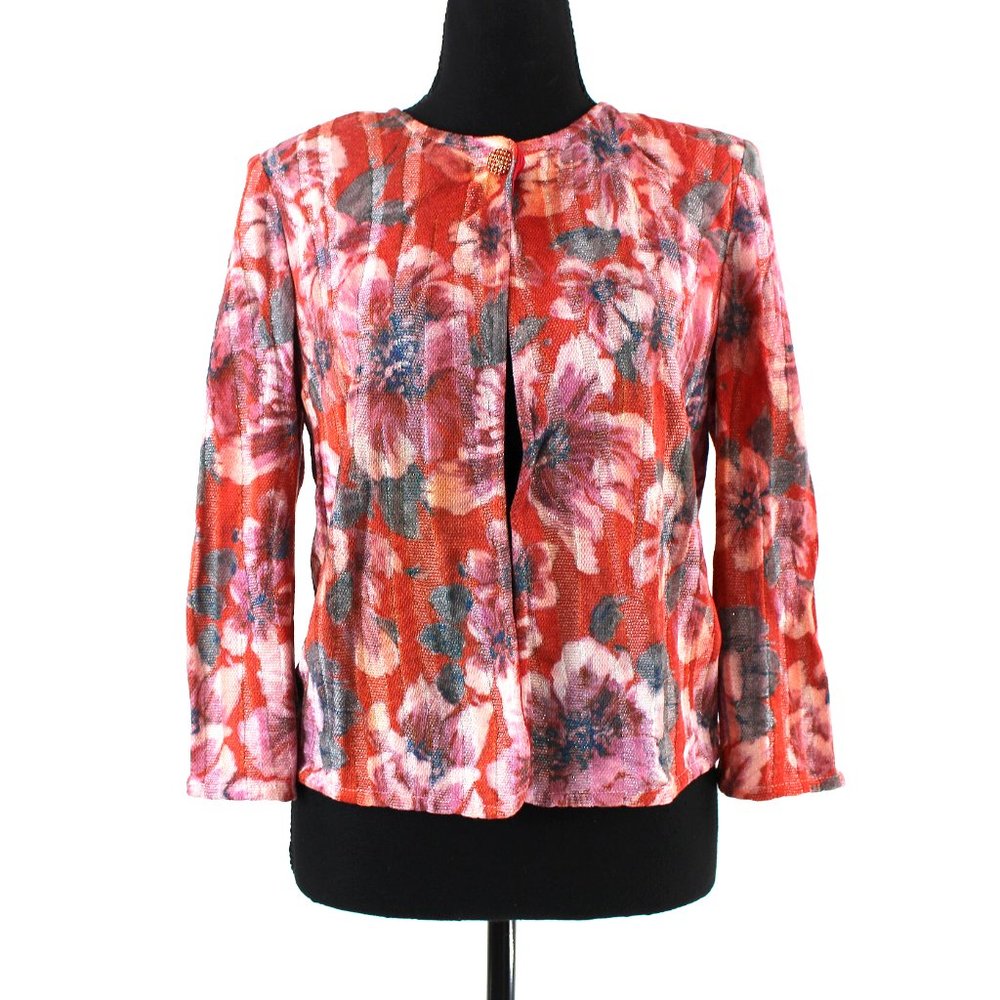 St. John Ribbed Red Abstract Floral Pattern Rhinestone Button Sweater Cardigan 4